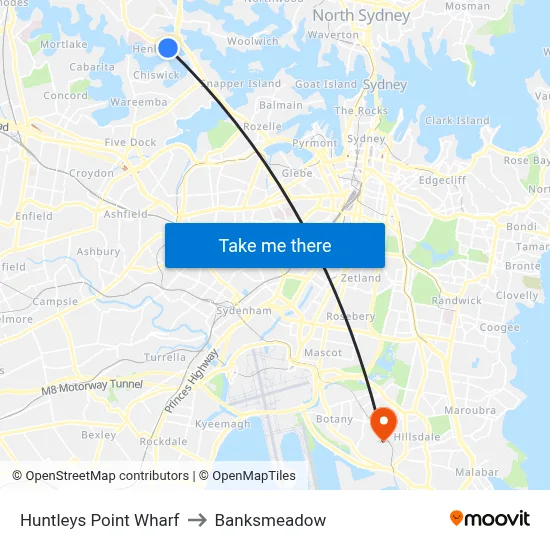 Huntleys Point Wharf to Banksmeadow map
