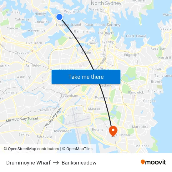 Drummoyne Wharf to Banksmeadow map