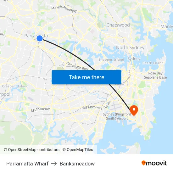 Parramatta Wharf to Banksmeadow map