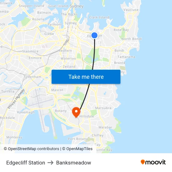Edgecliff Station to Banksmeadow map