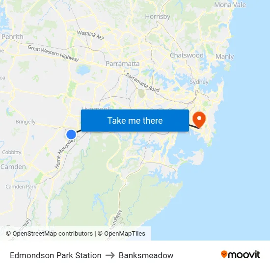 Edmondson Park Station to Banksmeadow map