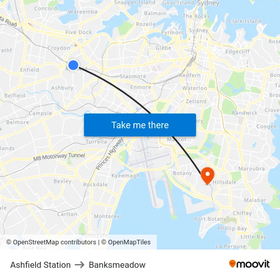 Ashfield Station to Banksmeadow map