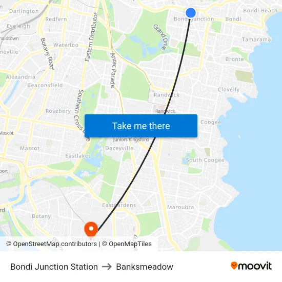 Bondi Junction Station to Banksmeadow map