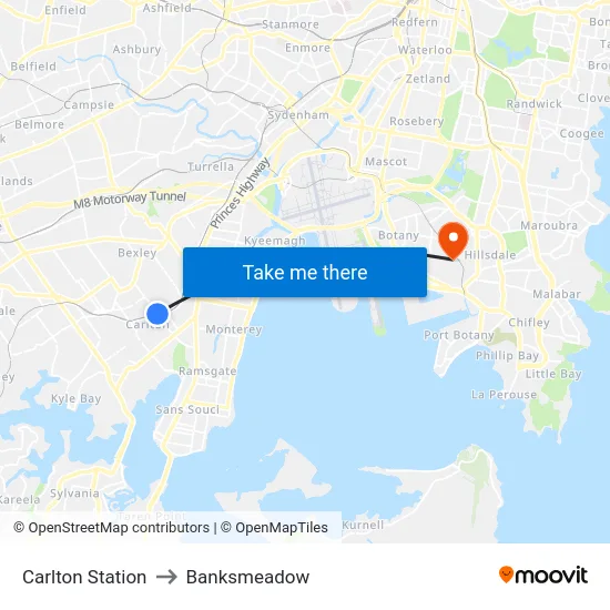 Carlton Station to Banksmeadow map