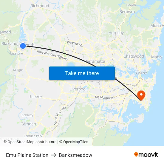 Emu Plains Station to Banksmeadow map