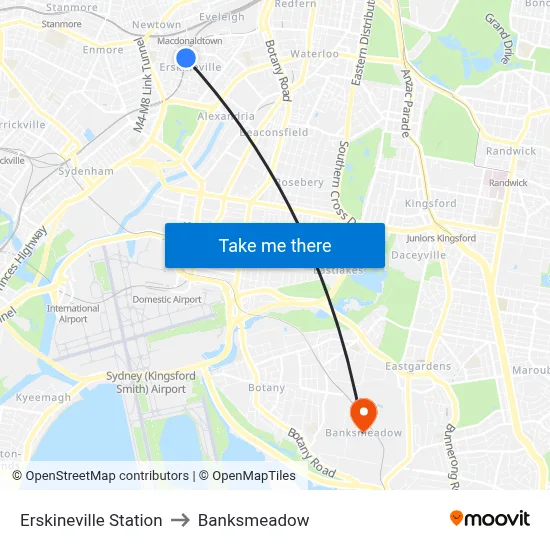 Erskineville Station to Banksmeadow map