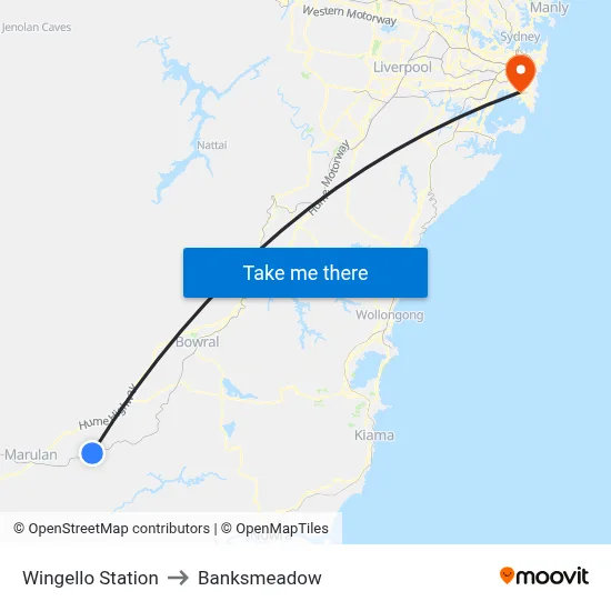 Wingello Station to Banksmeadow map