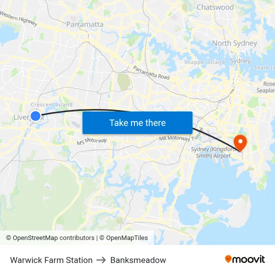 Warwick Farm Station to Banksmeadow map