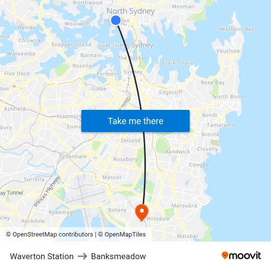 Waverton Station to Banksmeadow map