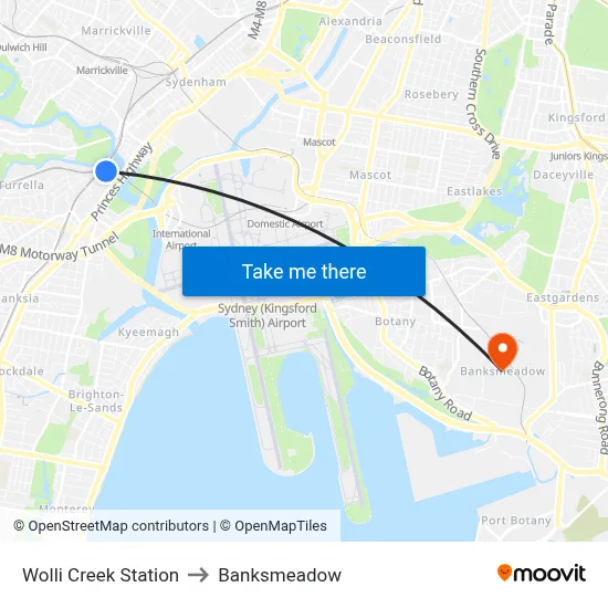 Wolli Creek Station to Banksmeadow map