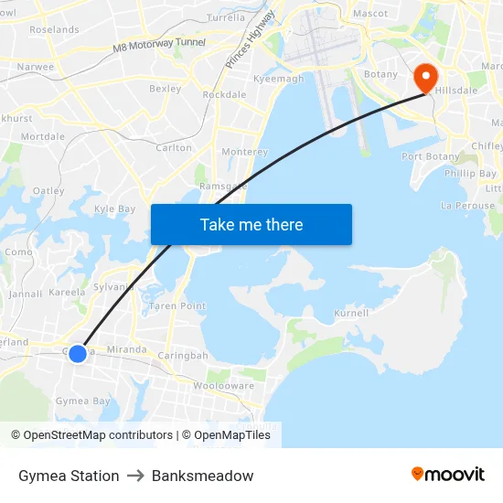 Gymea Station to Banksmeadow map