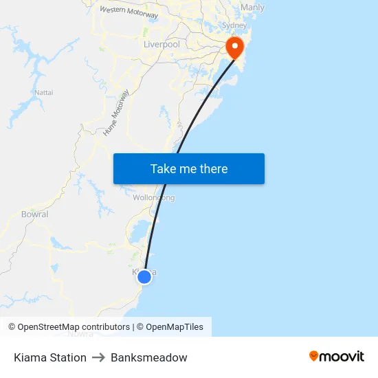 Kiama Station to Banksmeadow map