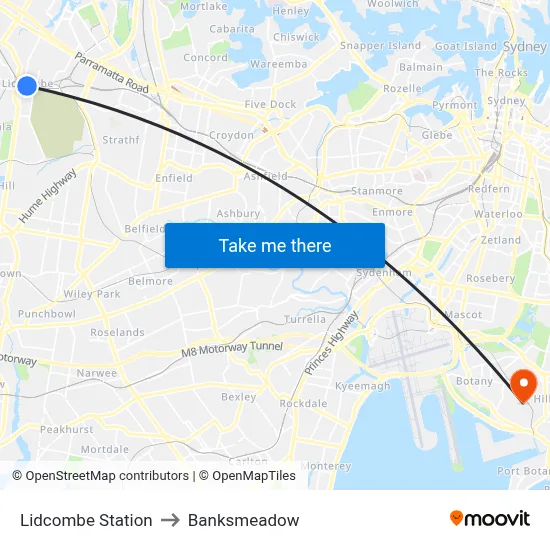 Lidcombe Station to Banksmeadow map