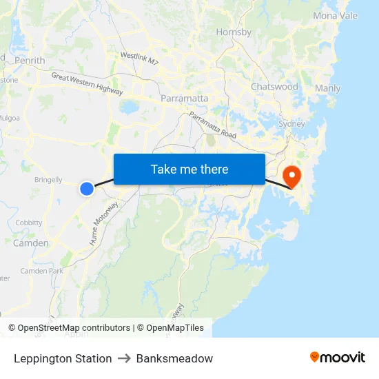 Leppington Station to Banksmeadow map