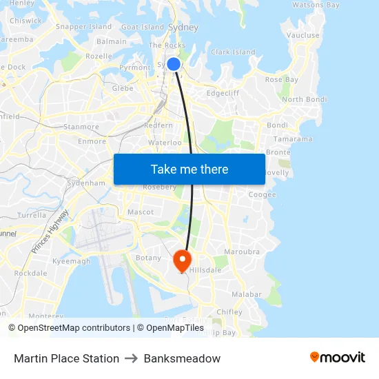 Martin Place Station to Banksmeadow map