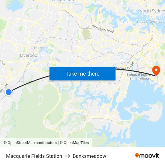 Macquarie Fields Station to Banksmeadow map