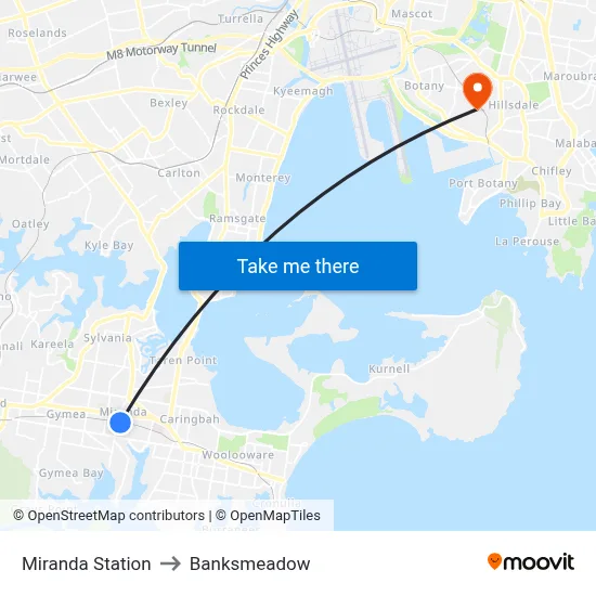 Miranda Station to Banksmeadow map