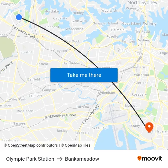Olympic Park Station to Banksmeadow map