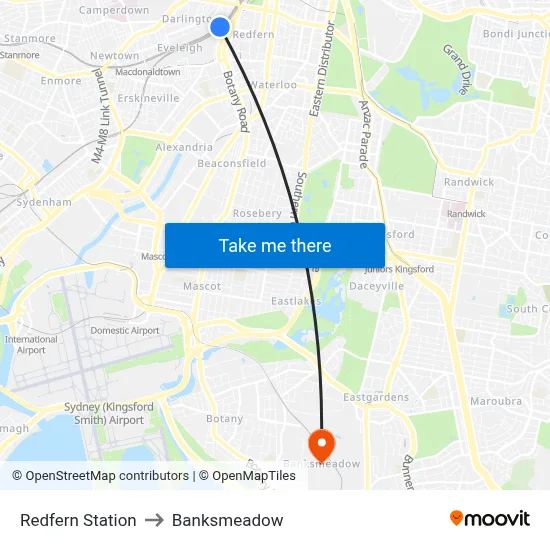 Redfern Station to Banksmeadow map