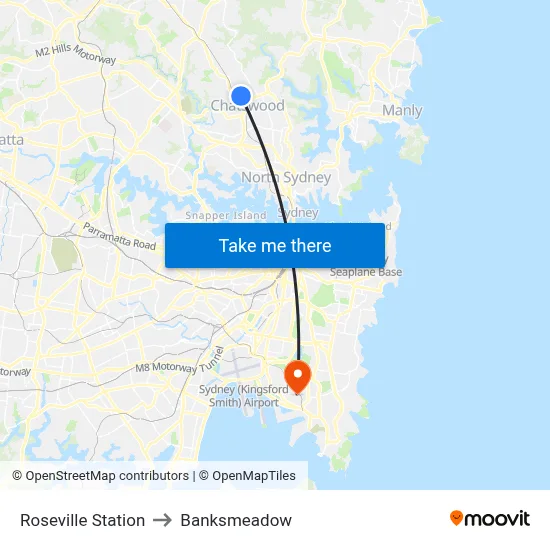 Roseville Station to Banksmeadow map