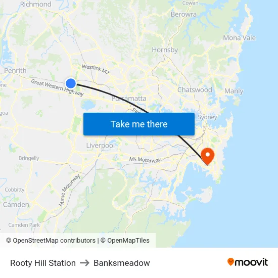 Rooty Hill Station to Banksmeadow map