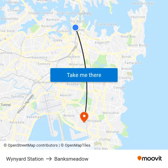 Wynyard Station to Banksmeadow map