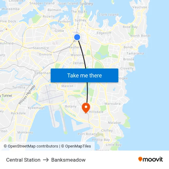 Central Station to Banksmeadow map