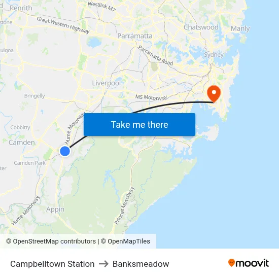 Campbelltown Station to Banksmeadow map