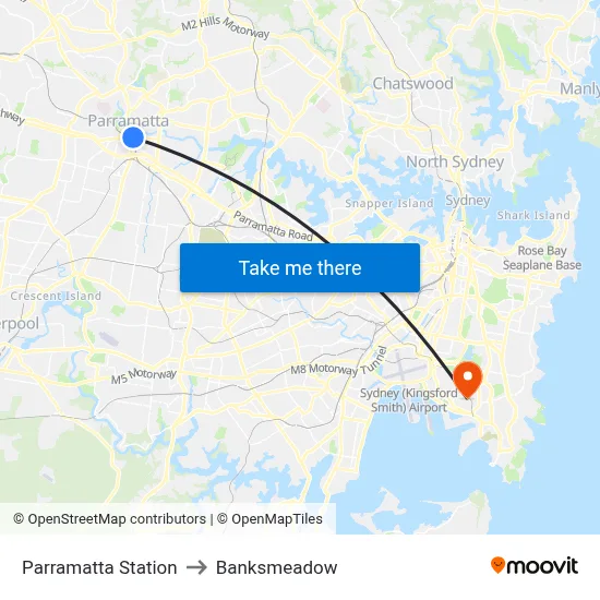 Parramatta Station to Banksmeadow map