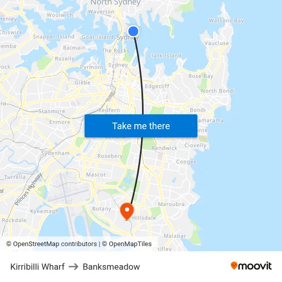 Kirribilli Wharf to Banksmeadow map