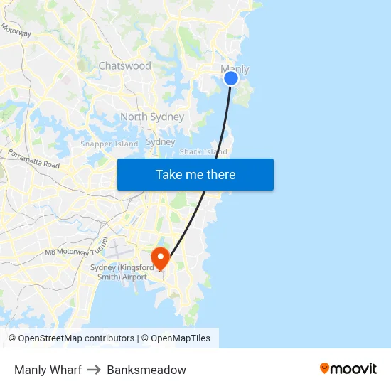 Manly Wharf to Banksmeadow map