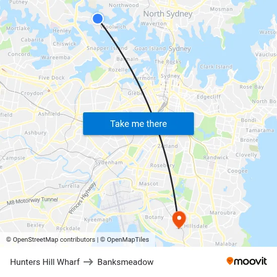 Hunters Hill Wharf to Banksmeadow map