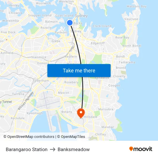 Barangaroo Station to Banksmeadow map