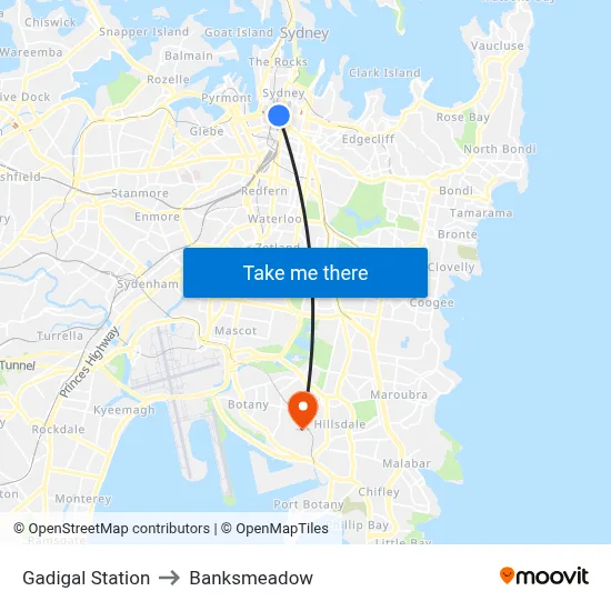 Gadigal Station to Banksmeadow map