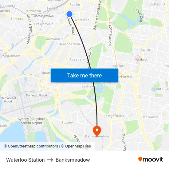 Waterloo Station to Banksmeadow map