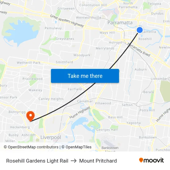 Rosehill Gardens Light Rail to Mount Pritchard map