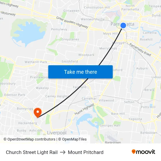 Church Street Light Rail to Mount Pritchard map