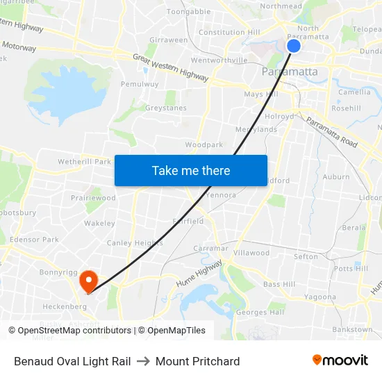Benaud Oval Light Rail to Mount Pritchard map