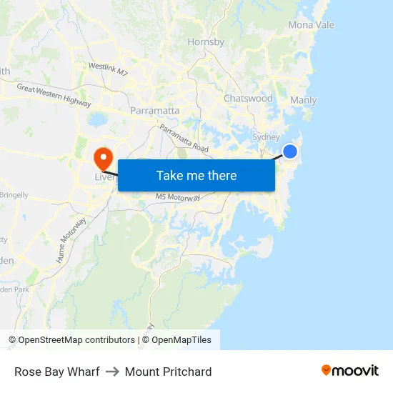 Rose Bay Wharf to Mount Pritchard map