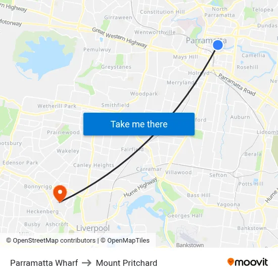 Parramatta Wharf to Mount Pritchard map
