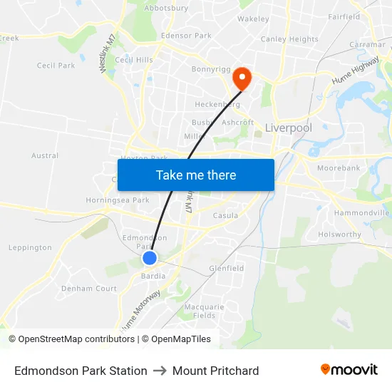 Edmondson Park Station to Mount Pritchard map
