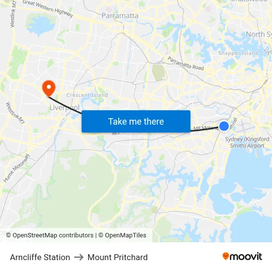 Arncliffe Station to Mount Pritchard map