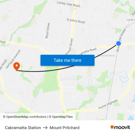 Cabramatta Station to Mount Pritchard map