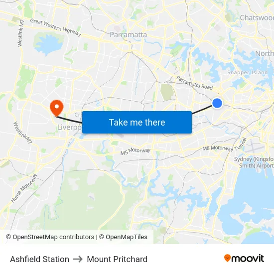 Ashfield Station to Mount Pritchard map