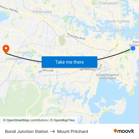 Bondi Junction Station to Mount Pritchard map