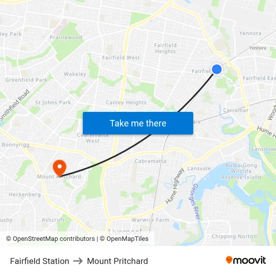 Fairfield Station to Mount Pritchard map