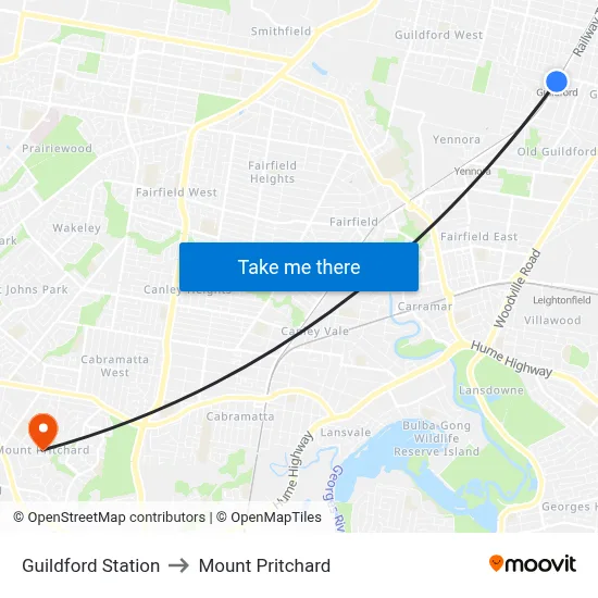 Guildford Station to Mount Pritchard map
