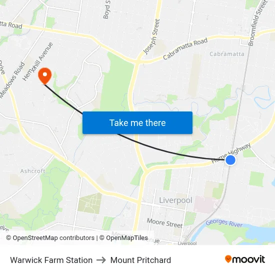 Warwick Farm Station to Mount Pritchard map