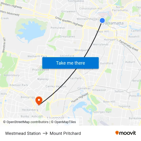 Westmead Station to Mount Pritchard map