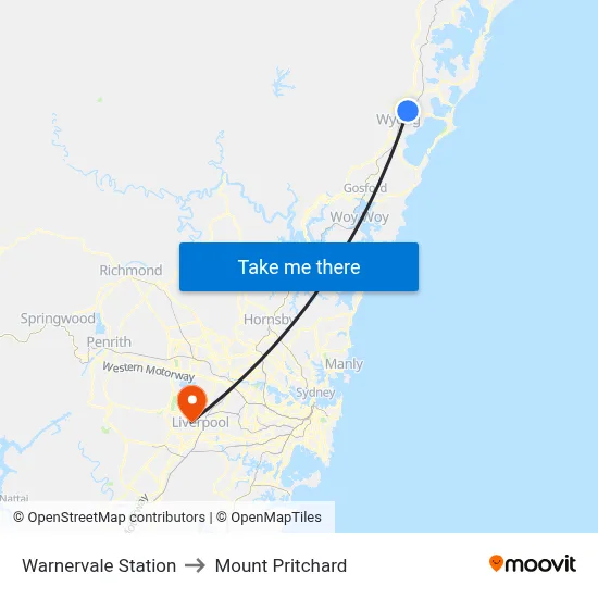 Warnervale Station to Mount Pritchard map